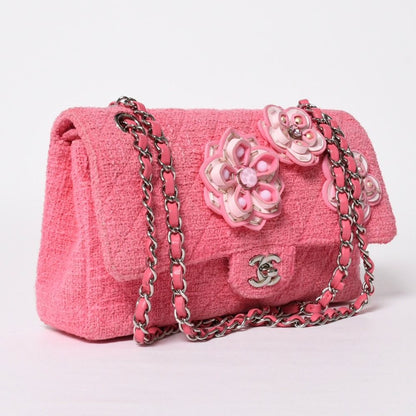 Chanel Double Flap Chain Shoulder Bag 25 CC Logo Cherry Blossom Flower Tweed — view 3