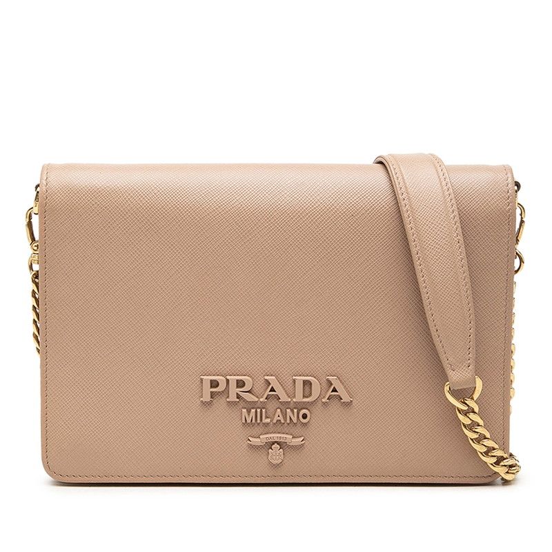Prada Logo Crossbody Chain Shoulder Bag Beige Leather