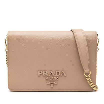 Prada Logo Crossbody Chain Shoulder Bag Beige Leather
