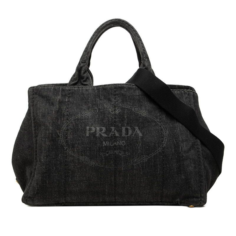 Prada Canapa Tote Shoulder Bag 2-Way Black Nero Denim