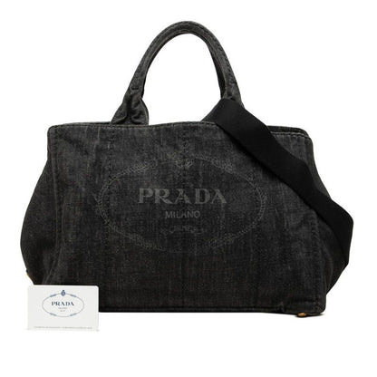 Prada Canapa Tote Shoulder Bag 2-Way Black Nero Denim — view 6