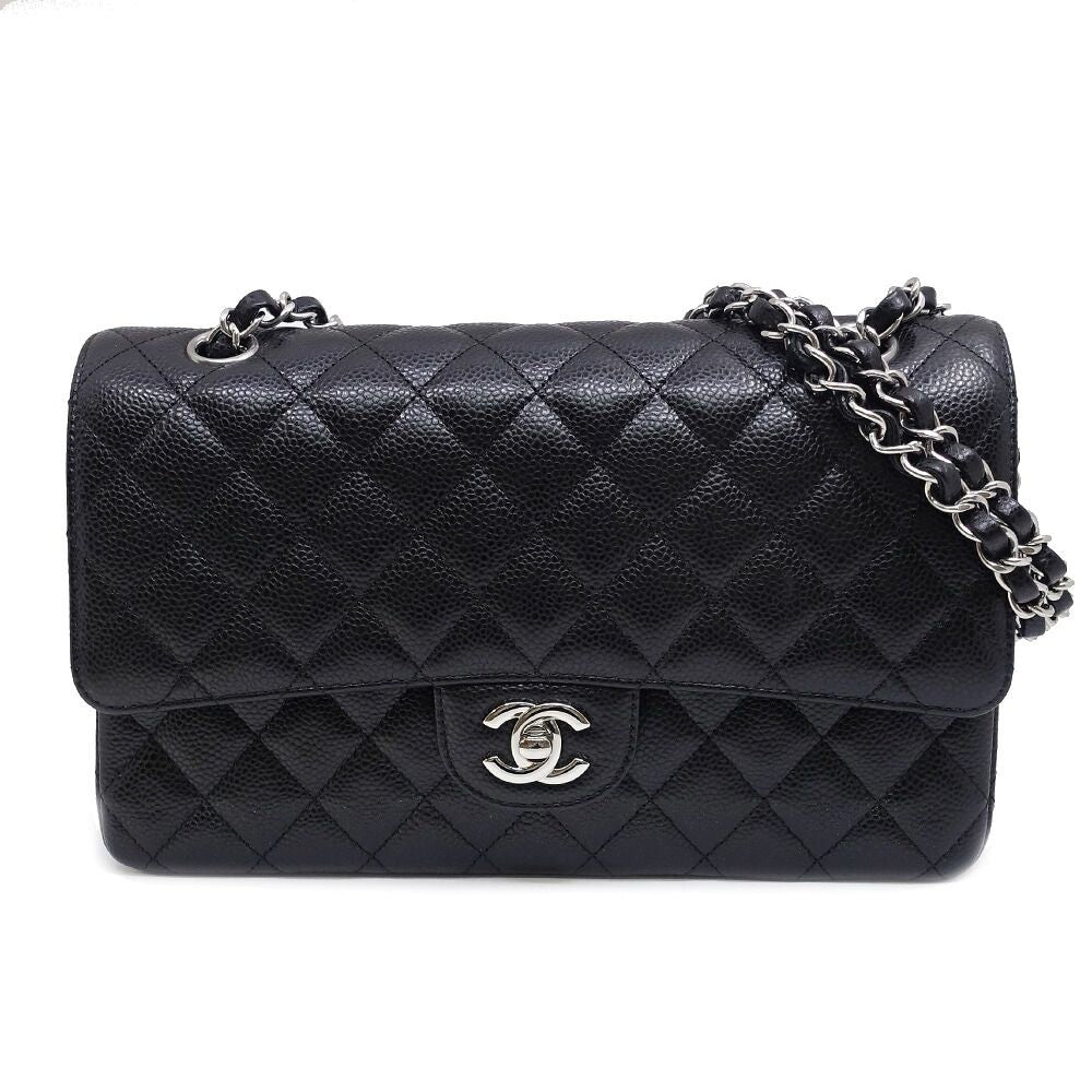 Chanel Quilted 25 Chain Shoulder Double Flap Bag Caviar Leather Black Silver