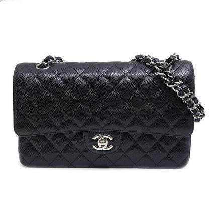 Chanel Quilted 25 Chain Shoulder Double Flap Bag Caviar Leather Black Silver