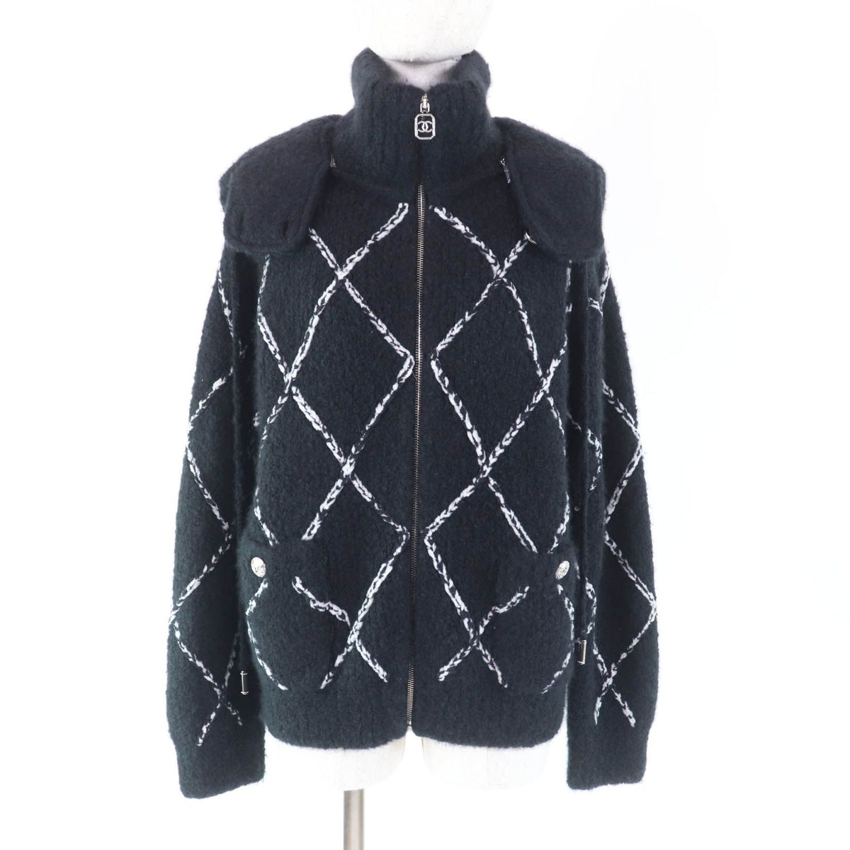 Chanel Cashmere Silk Blend Rhinestone CC Logo Buttoned Quilted Pattern Zip UP