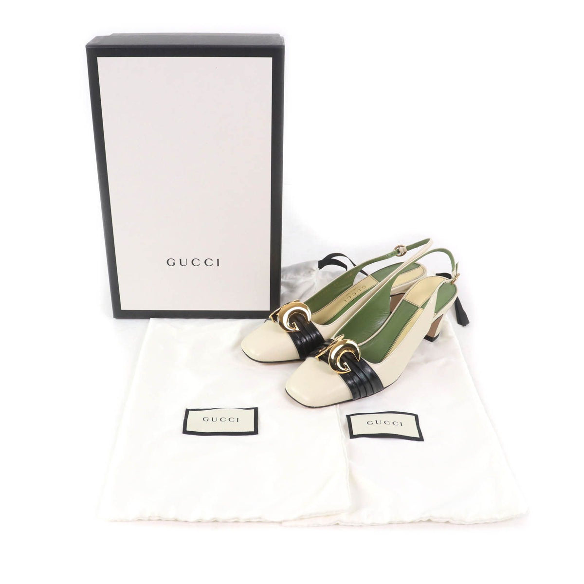 Gucci Half Moon GG Backstrap Square Toe Leather Pumps Ivory Heels — view 2
