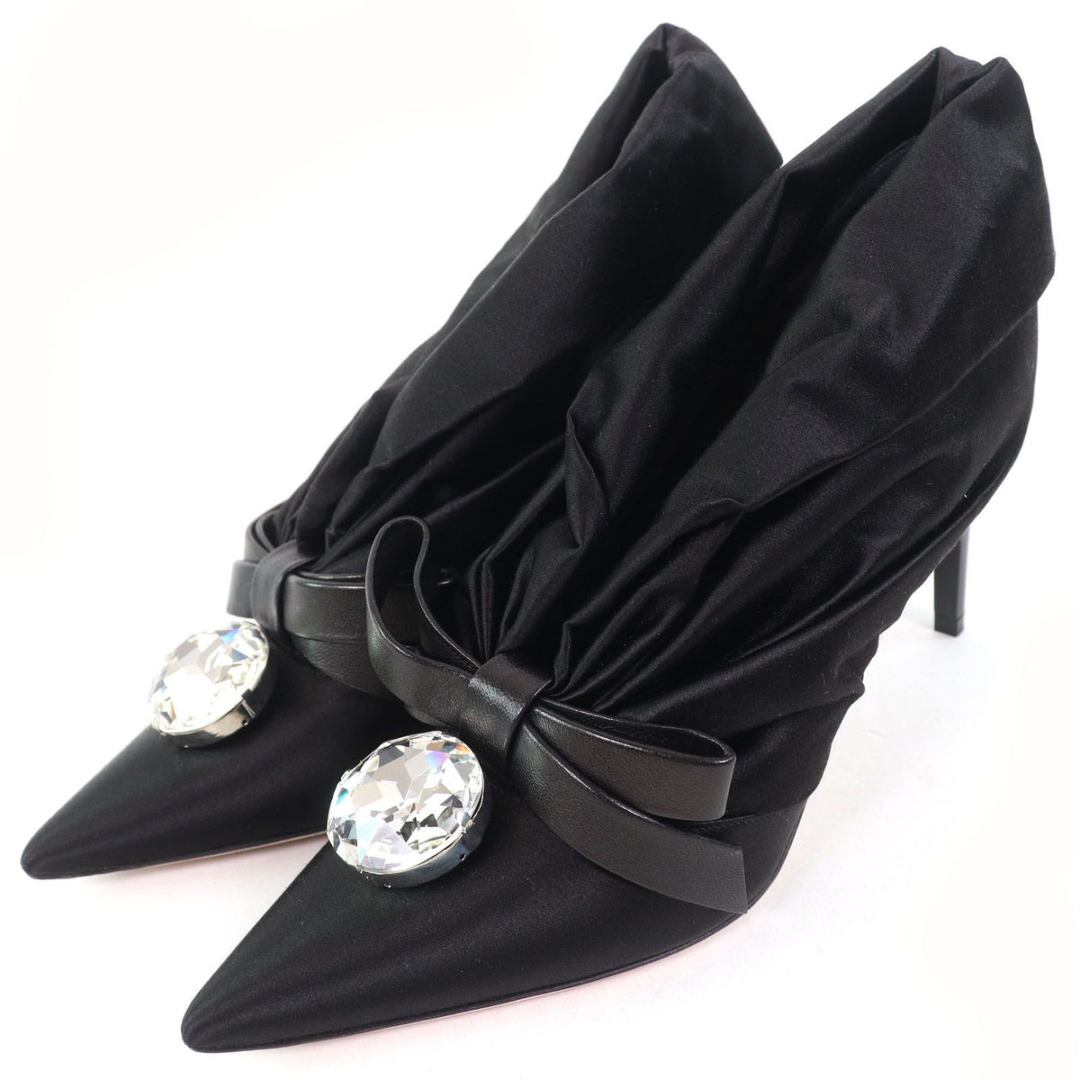 Miu Miu Bijou Leather Satin Pumps with Ribbon Black Heels