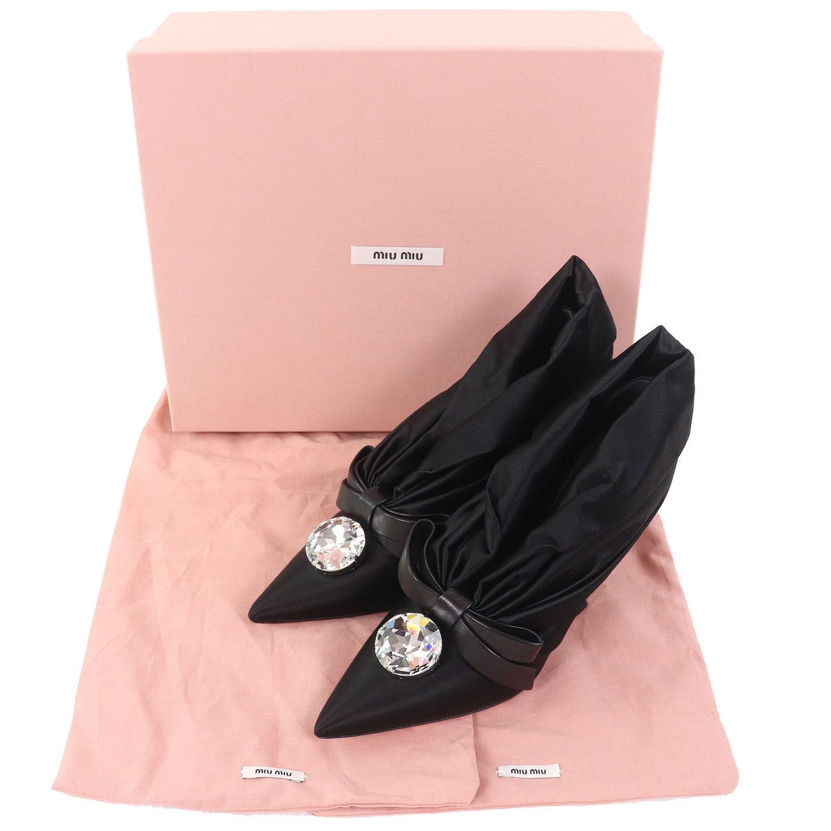Miu Miu Bijou Leather Satin Pumps with Ribbon Black Heels — view 2