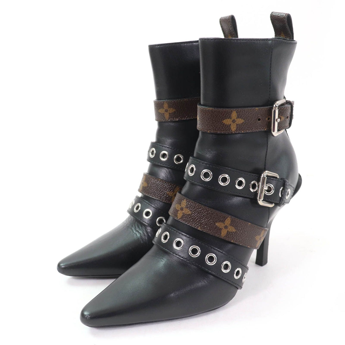 Louis Vuitton Monogram Belt Design Leather Ankle Boots Black