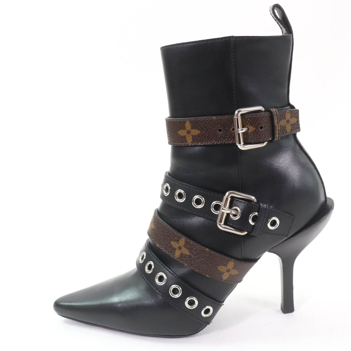 Louis Vuitton Monogram Belt Design Leather Ankle Boots Black — view 5