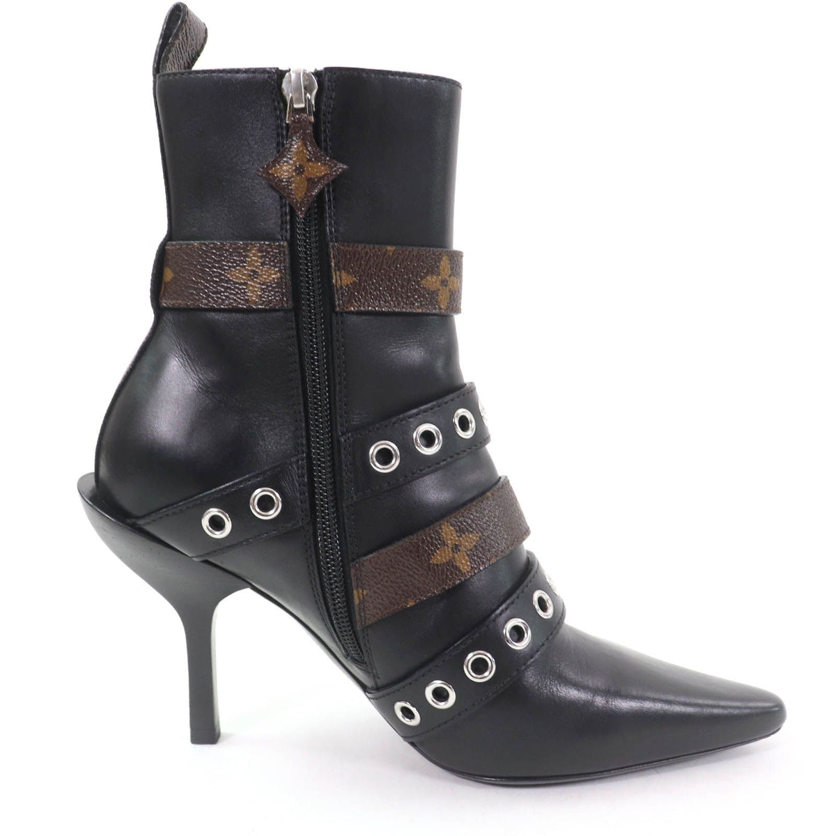 Louis Vuitton Monogram Belt Design Leather Ankle Boots Black — view 6
