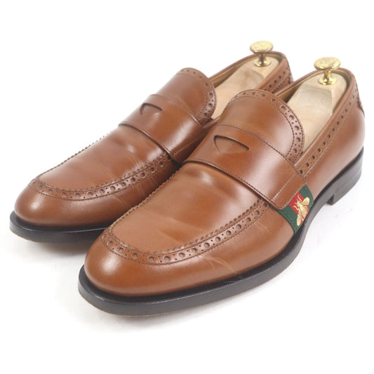 Gucci Leather Bee Embroidery Web Line Coin Loafers Penny Loafers Brown