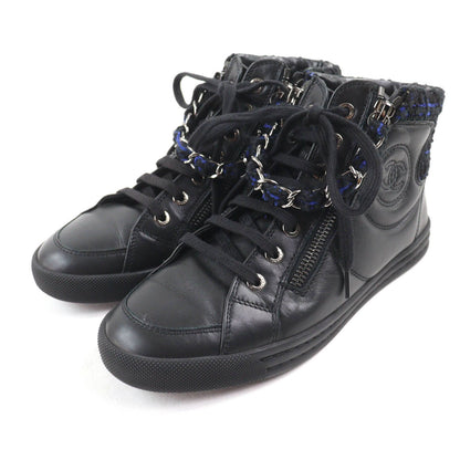 Chanel CC Logo Front Zip Tweed Switch High Top Sneakers Black Blue