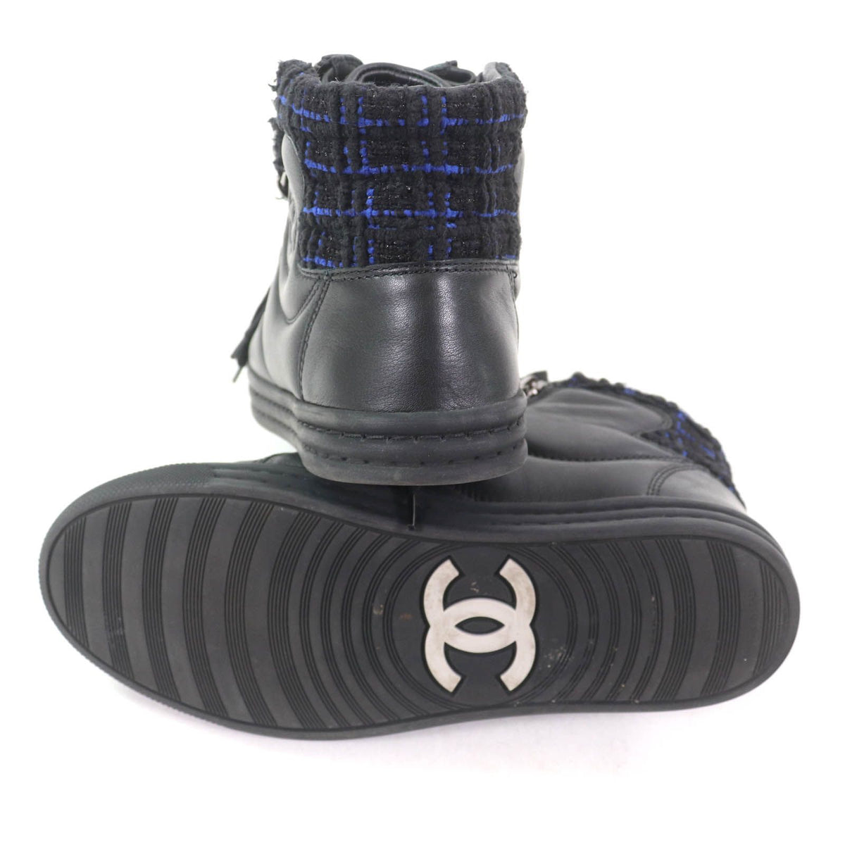 Chanel CC Logo Front Zip Tweed Switch High Top Sneakers Black Blue — view 6
