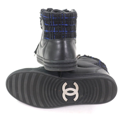 Chanel CC Logo Front Zip Tweed Switch High Top Sneakers Black Blue — view 6