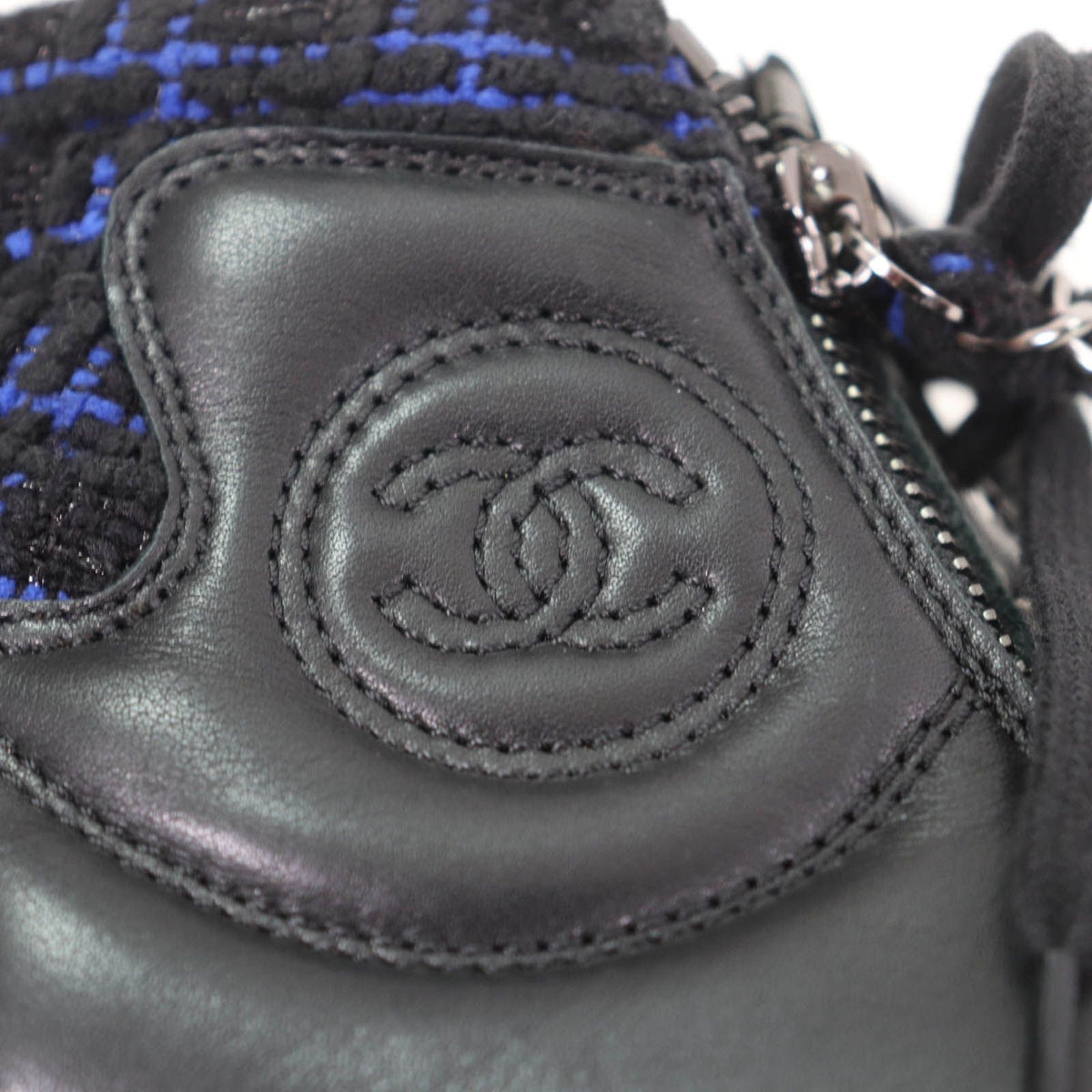 Chanel CC Logo Front Zip Tweed Switch High Top Sneakers Black Blue — view 8