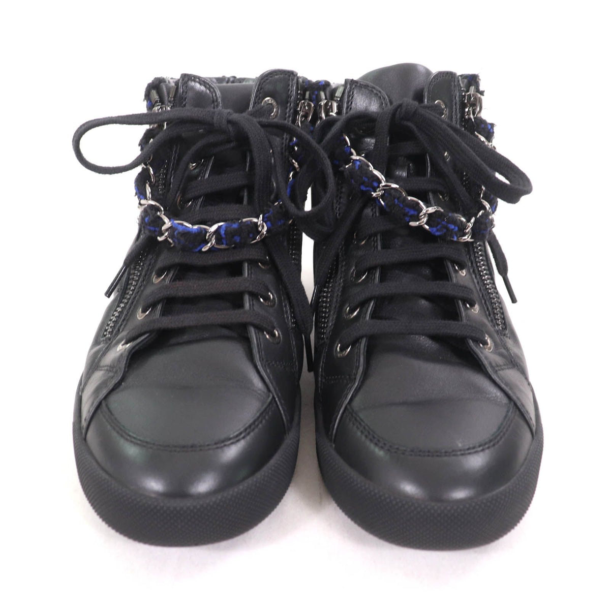 Chanel CC Logo Front Zip Tweed Switch High Top Sneakers Black Blue — view 3