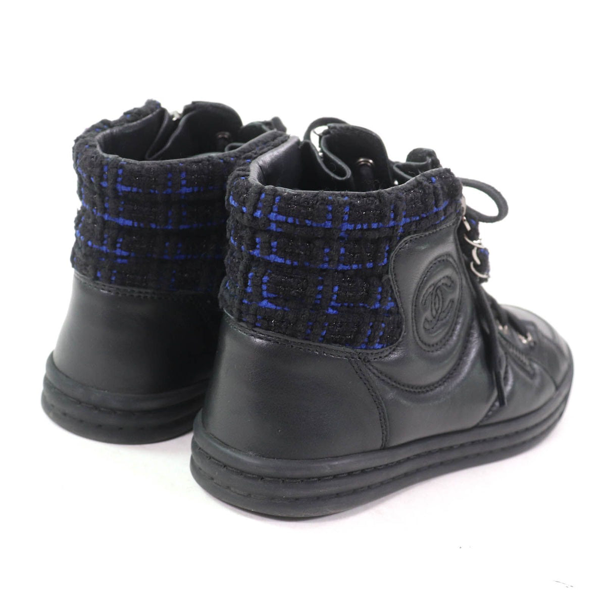 Chanel CC Logo Front Zip Tweed Switch High Top Sneakers Black Blue — view 2