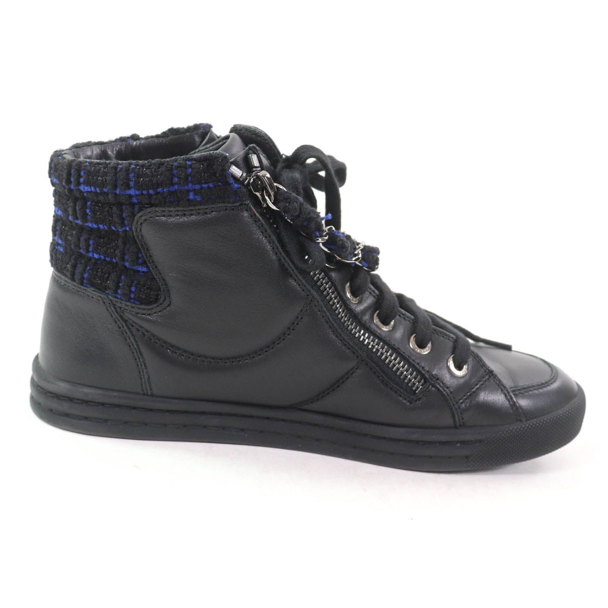 Chanel CC Logo Front Zip Tweed Switch High Top Sneakers Black Blue — view 5