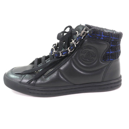 Chanel CC Logo Front Zip Tweed Switch High Top Sneakers Black Blue — view 4