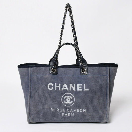 Chanel Deauville Denim Large 2-Way Tote Shoulder Bag Blue Silver