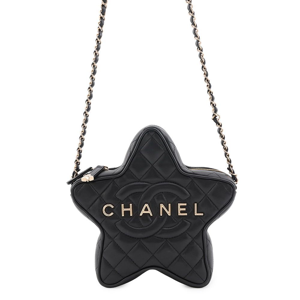 Chanel Chain Shoulder Bag Quilted CC Logo Star Lambskin Black