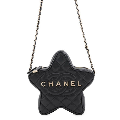 Chanel Chain Shoulder Bag Quilted CC Logo Star Lambskin Black