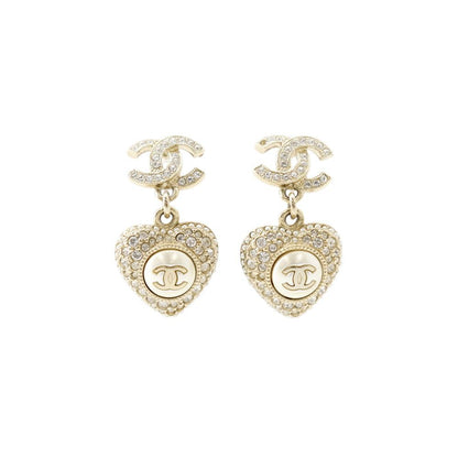 Chanel Earrings CC Logo Heart Rhinestone Faux Pearl