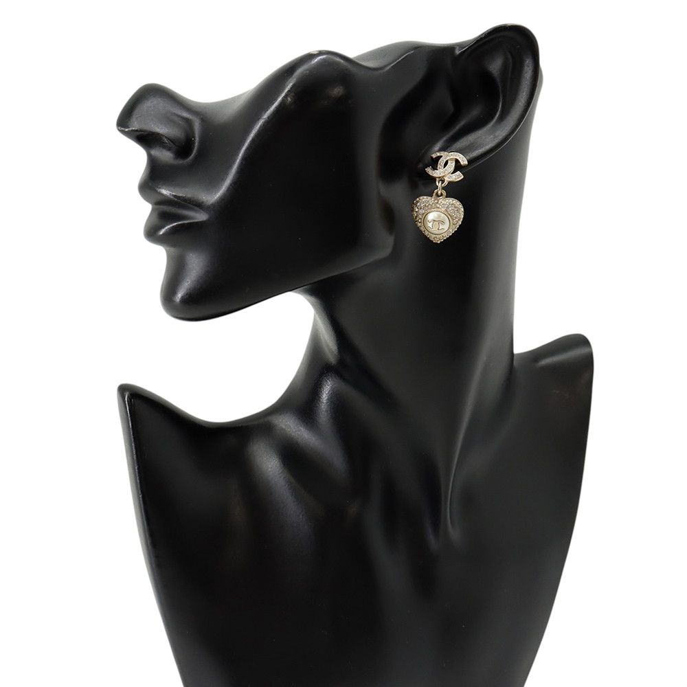 Chanel Earrings CC Logo Heart Rhinestone Faux Pearl — view 4