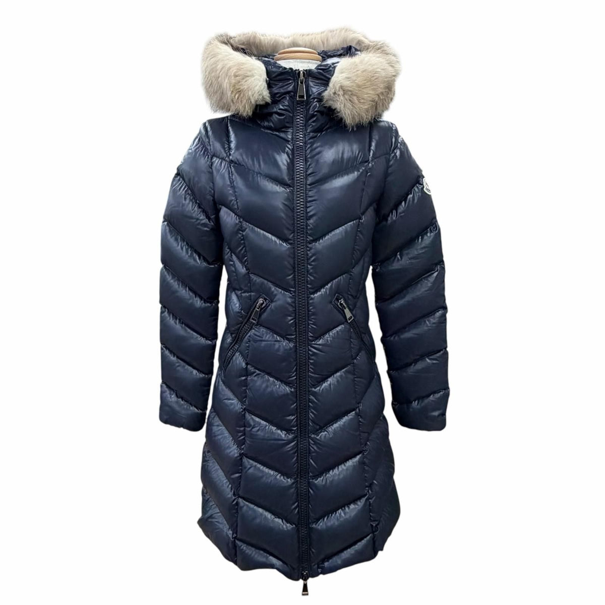 Moncler Fulmarus Logo Patch Fur Hooded Down Coat Navy