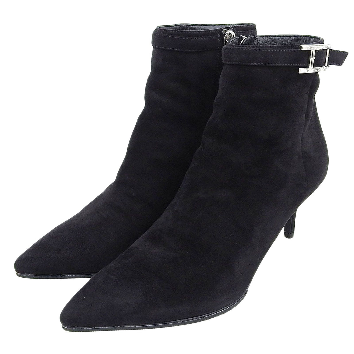 Hermes Blanche Crystal H Buckle Pointed Toe Suede Leather Short Boots