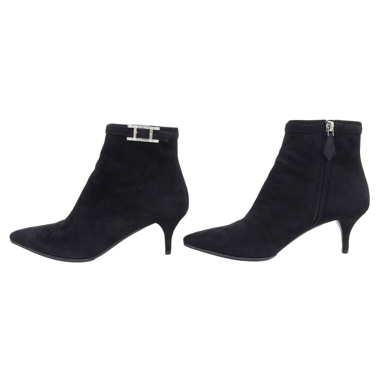 Hermes Blanche Crystal H Buckle Pointed Toe Suede Leather Short Boots — view 3
