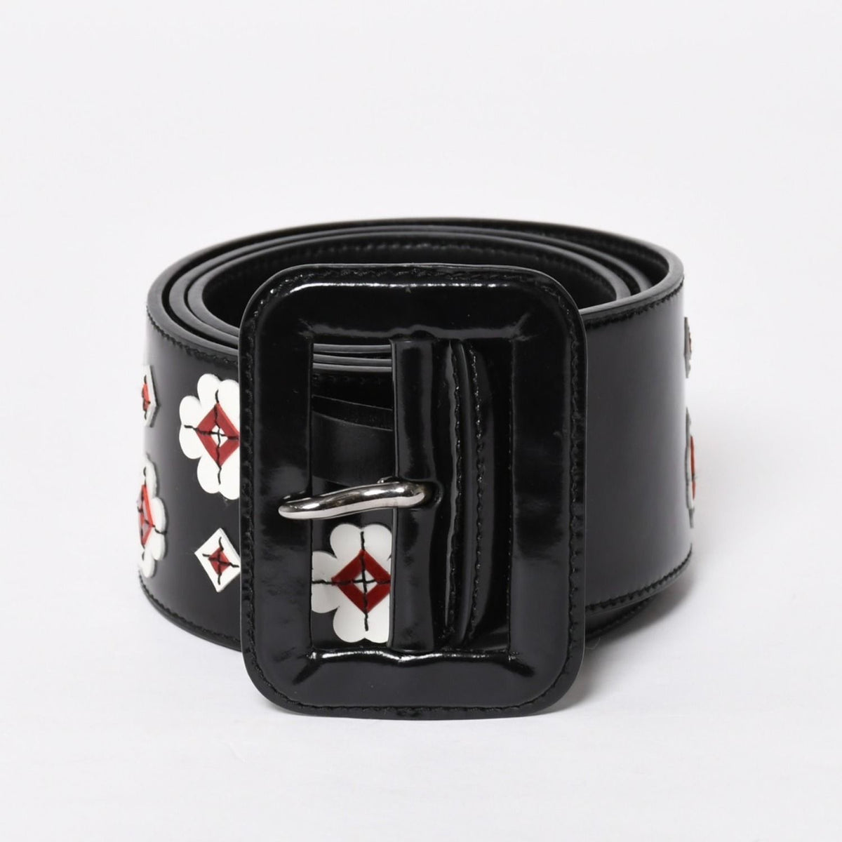 Prada Belt Patent Leather Black White Wine Red 85/34