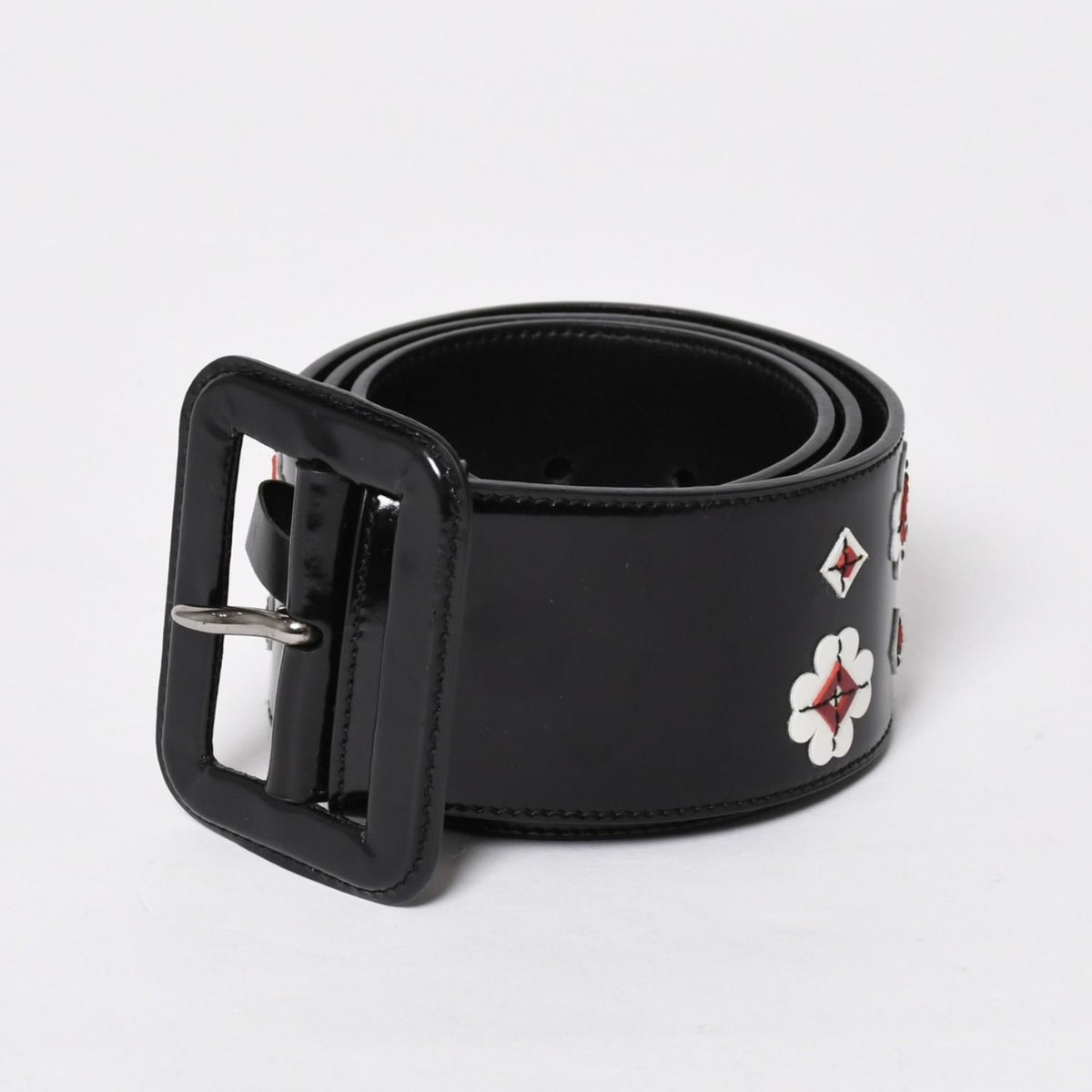 Prada Belt Patent Leather Black White Wine Red 85/34 — view 4