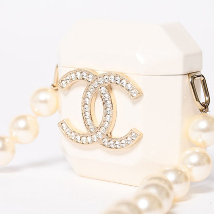 Chanel Airpods Case Necklace CC Logo Strass Metal Lambskin Resin Pearl White — view 8