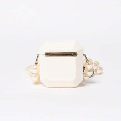Chanel Airpods Case Necklace CC Logo Strass Metal Lambskin Resin Pearl White — view 3