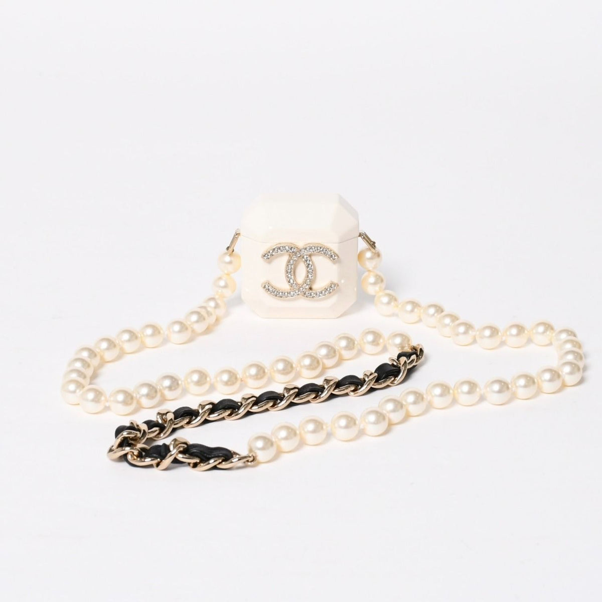 Chanel Airpods Case Necklace CC Logo Strass Metal Lambskin Resin Pearl White