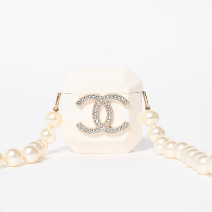 Chanel Airpods Case Necklace CC Logo Strass Metal Lambskin Resin Pearl White — view 2