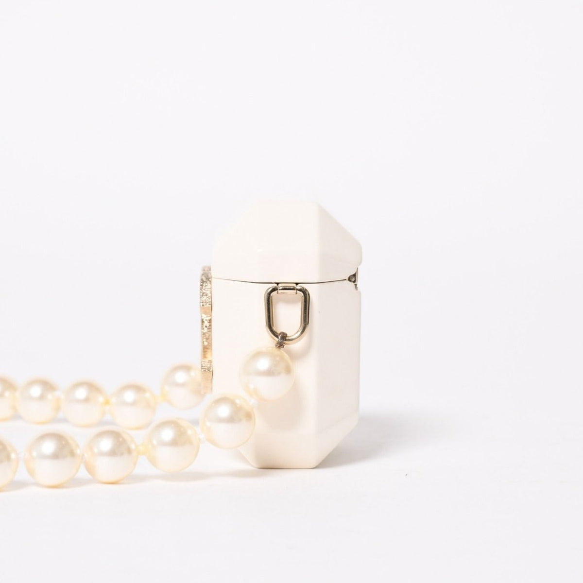 Chanel Airpods Case Necklace CC Logo Strass Metal Lambskin Resin Pearl White — view 6