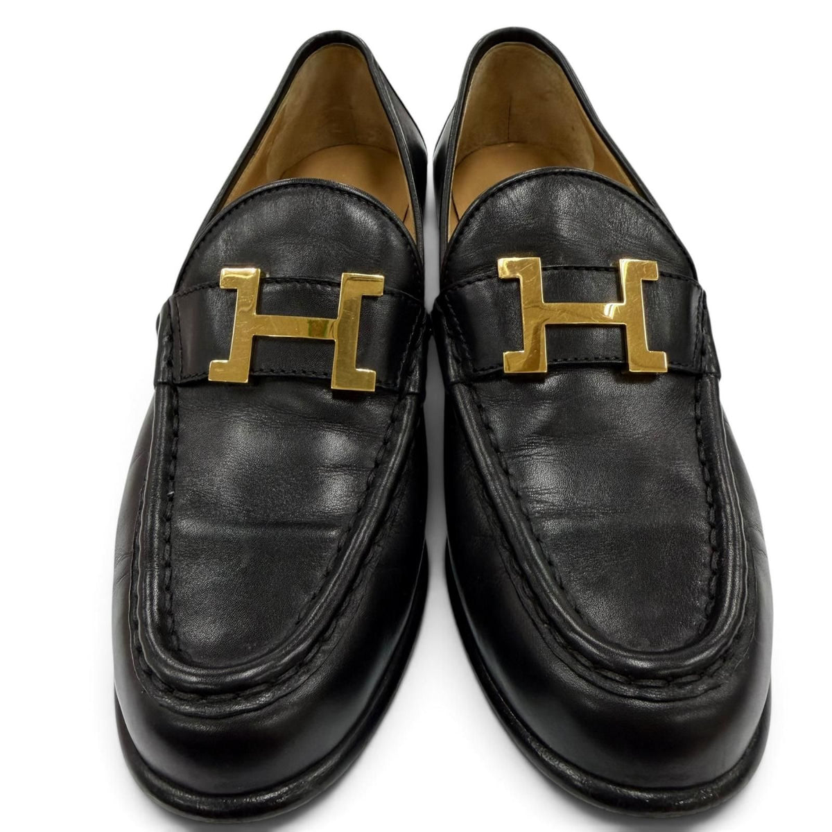 Hermes Constance Gold H Logo Leather Heels Loafers Pumps Black — view 2