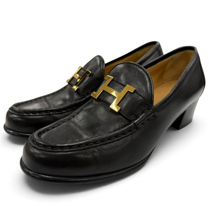 Hermes Constance Gold H Logo Leather Heels Loafers Pumps Black