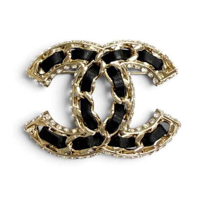 Chanel CC Logo Lambskin Rhinestone Strass Brooch Black Gold