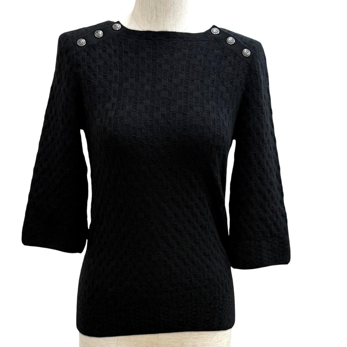 Chanel Cashmere Silk Blend Anchor CC Logo Button Crew Neck Three Quarter Sleeve