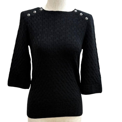 Chanel Cashmere Silk Blend Anchor CC Logo Button Crew Neck Three Quarter Sleeve