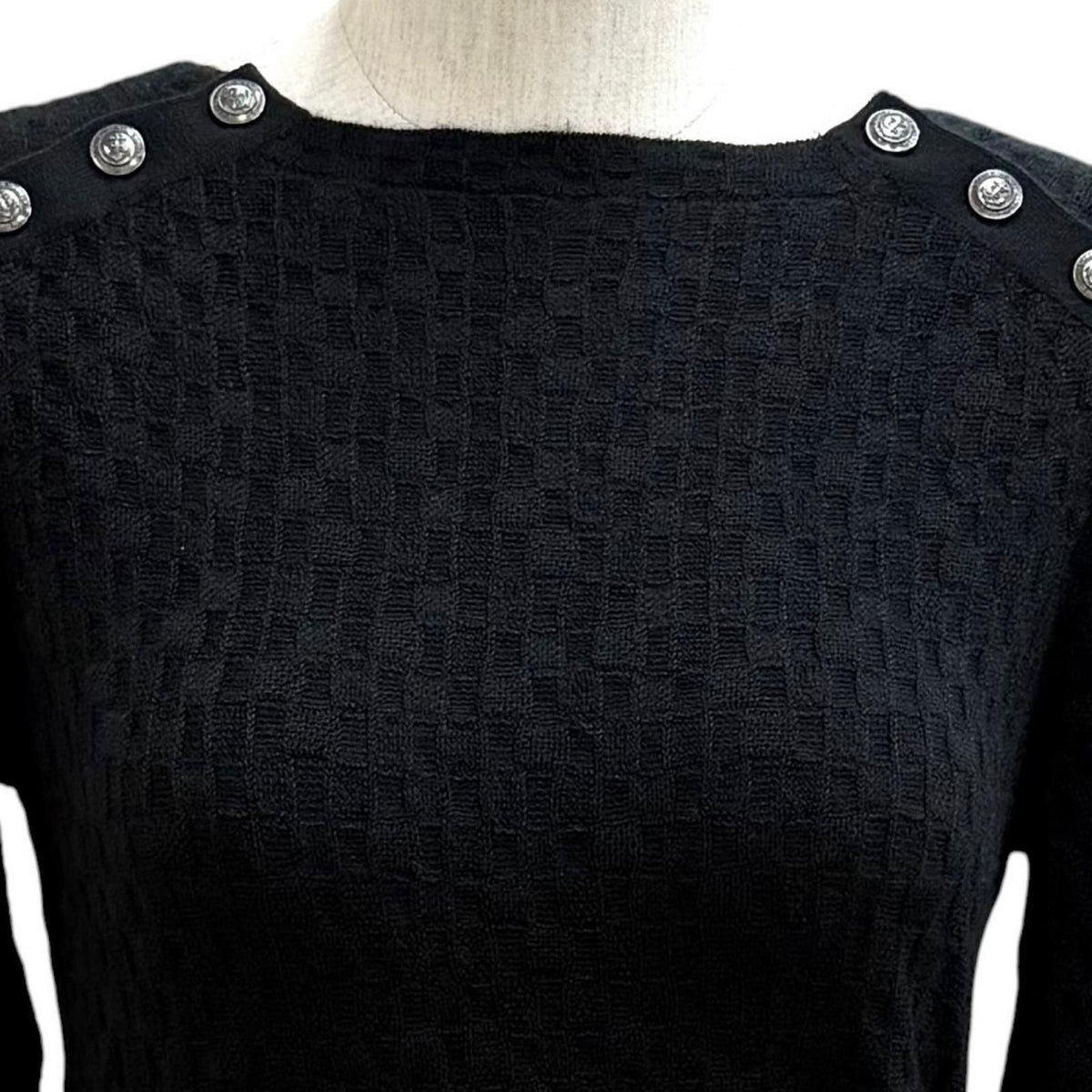 Chanel Cashmere Silk Blend Anchor CC Logo Button Crew Neck Three Quarter Sleeve — view 2
