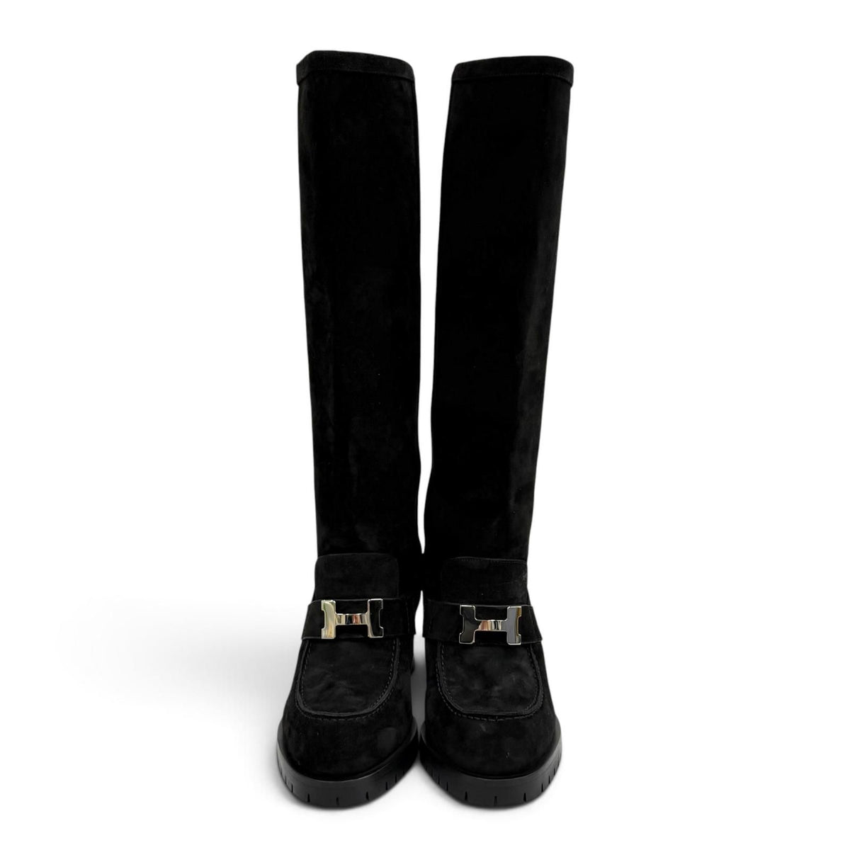 Hermes Folly 60 Silver H Suede Leather Long Boots Black — view 3