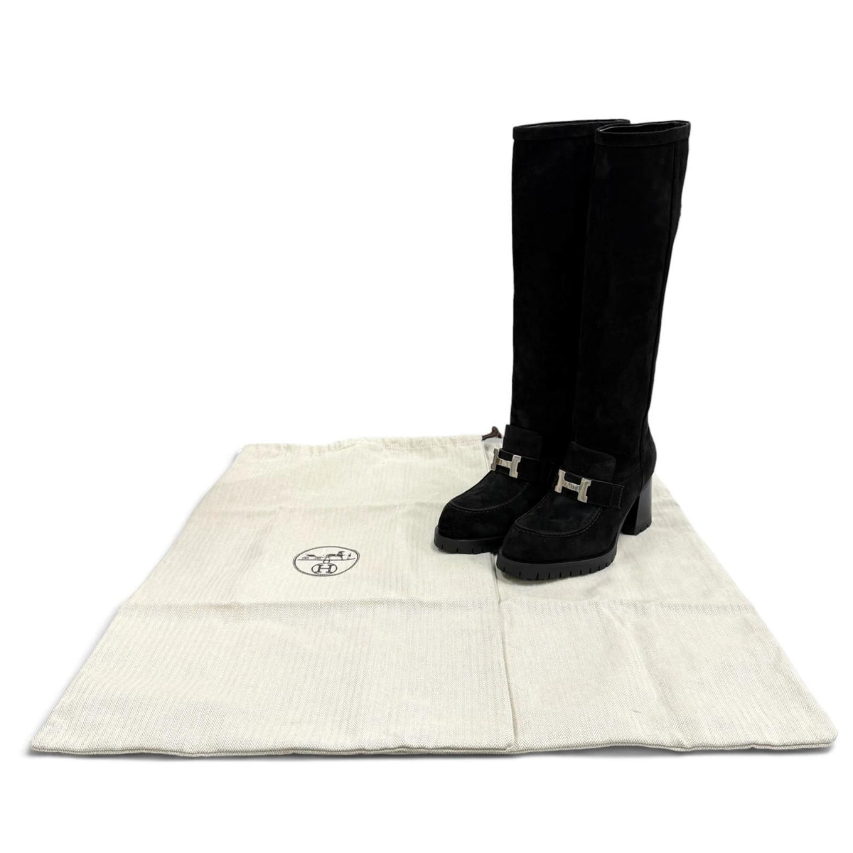 Hermes Folly 60 Silver H Suede Leather Long Boots Black — view 2