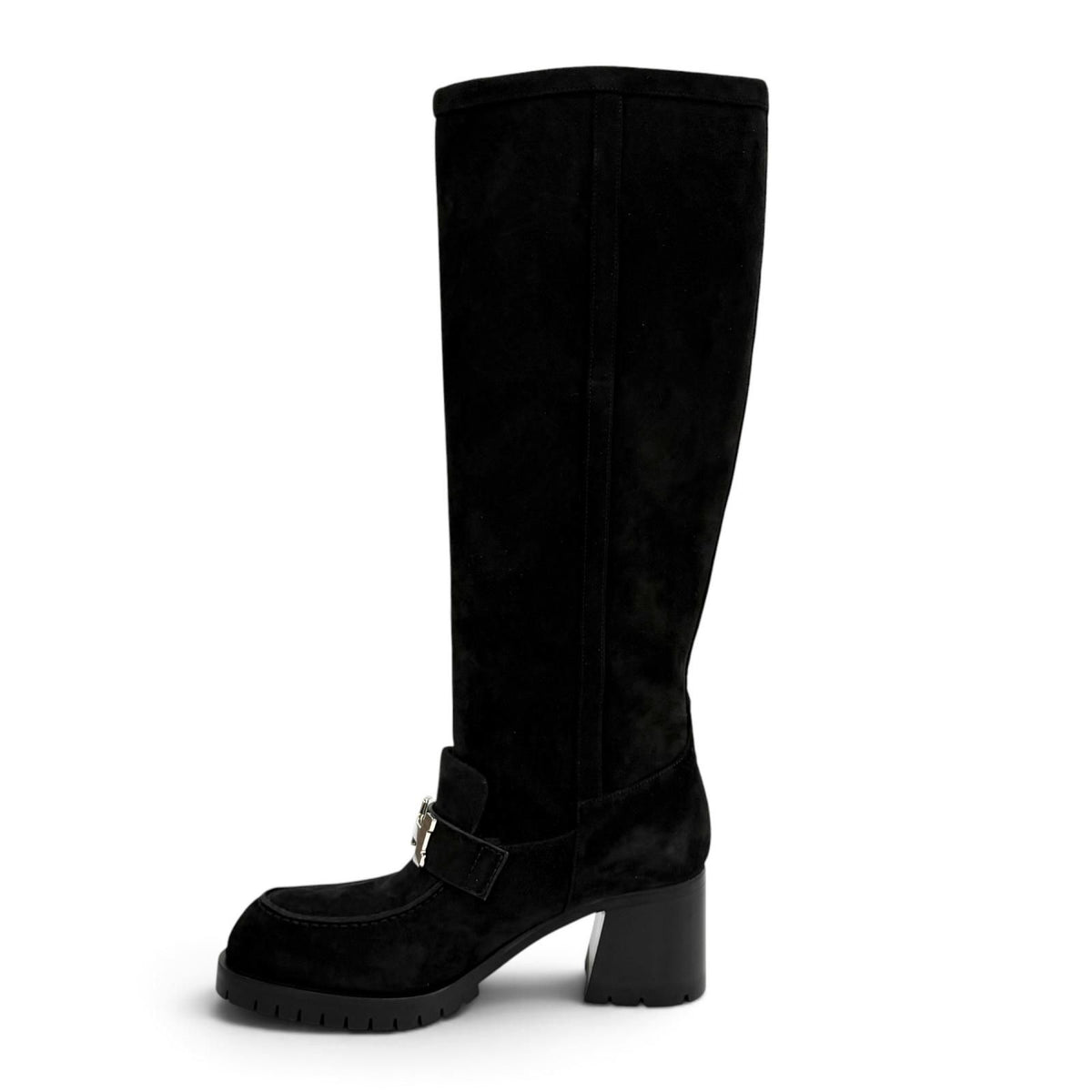 Hermes Folly 60 Silver H Suede Leather Long Boots Black — view 6