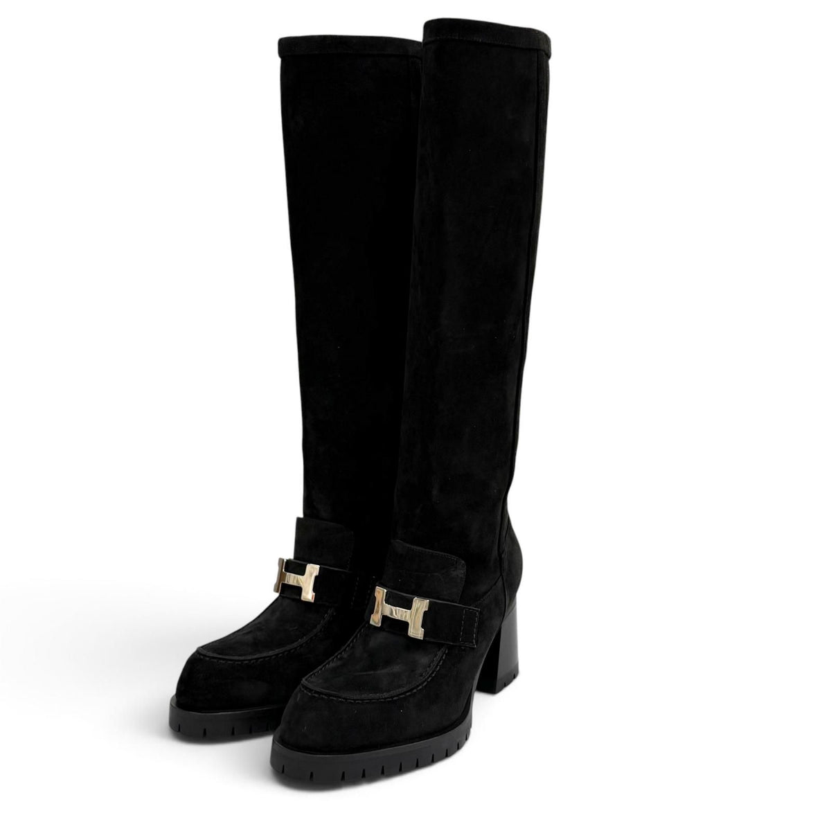 Hermes Folly 60 Silver H Suede Leather Long Boots Black