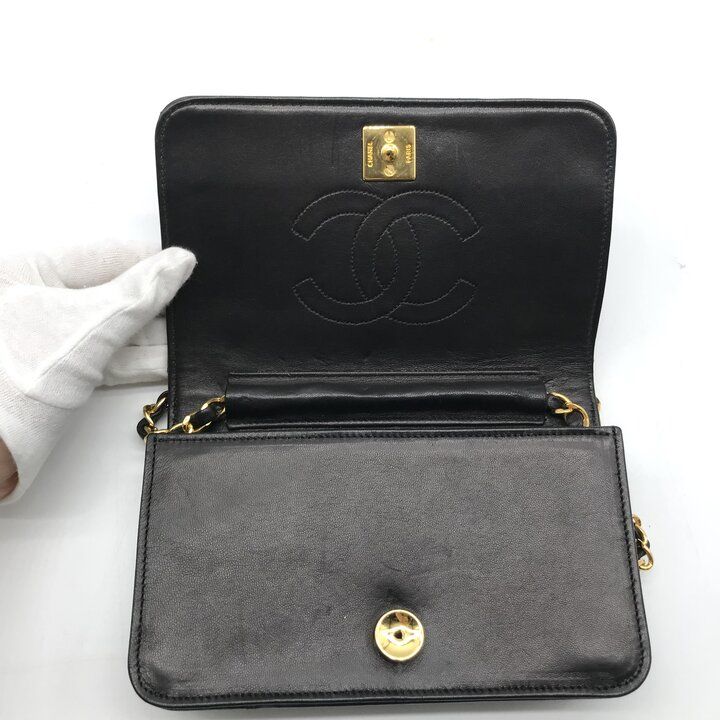 Chanel CC Logo Mini Quilted Push Lock Chain Shoulder Bag Lambskin Black — view 7