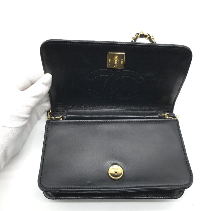 Chanel CC Logo Mini Quilted Push Lock Chain Shoulder Bag Lambskin Black — view 7